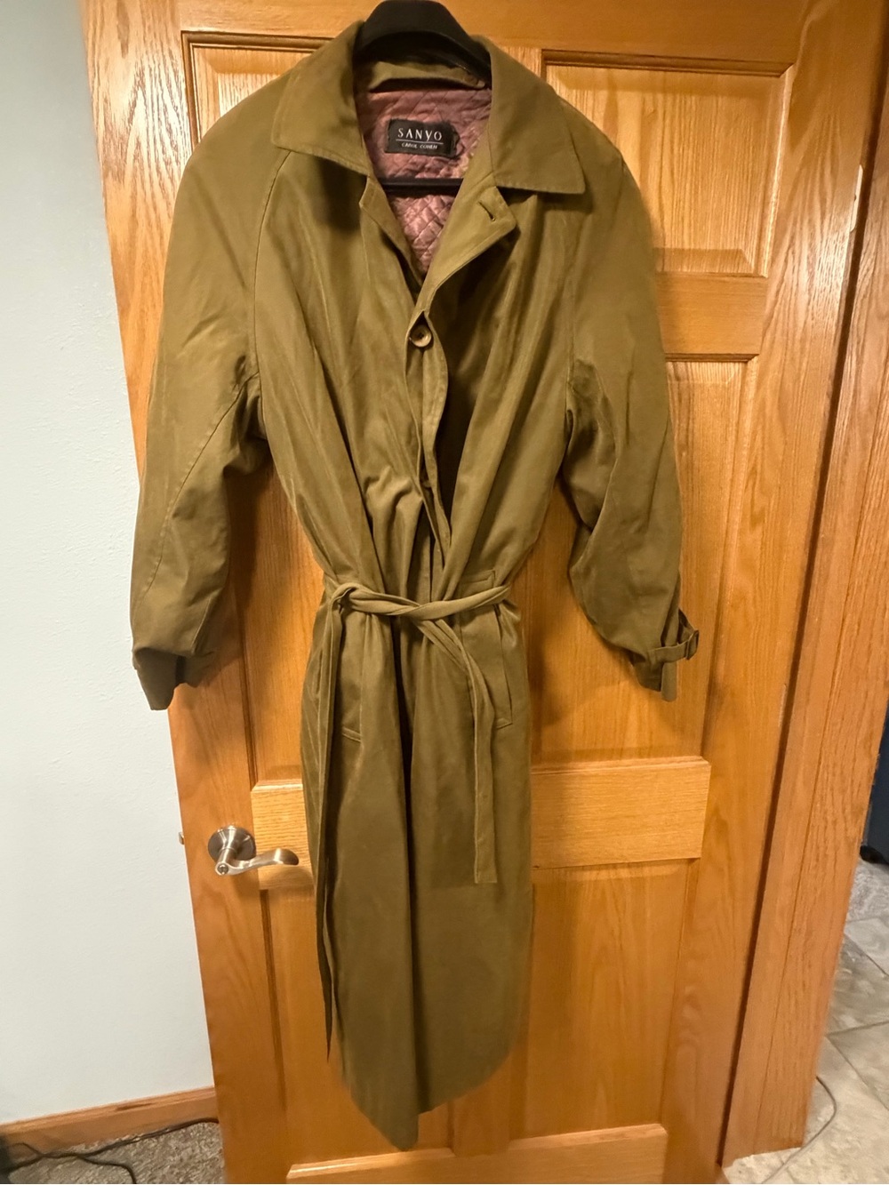 Carol Cohen SANVO Olive Green Long Trench Coat with Self-Tie Belt Made in USA